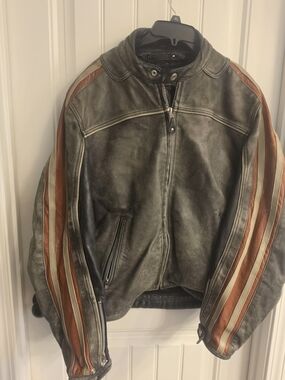 Men's Vintage Black Leather Jacket with Brown Stripe Accents